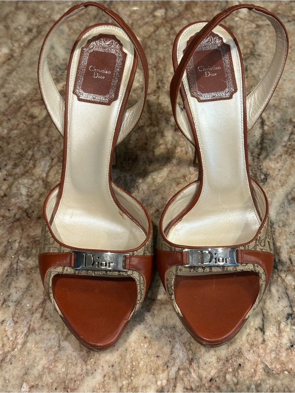 Dior Tan & Beige Open-Toe Logo Slingback Heels